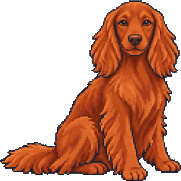 A pixel-art copper-red Irish Setter sitting in a relaxed three-quarter pose and looking toward the viewer.