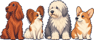 Four pixel-art dogs—the Irish Setter, Papillon, Old English Sheepdog and corgi used as Workspace agent avatars—sitting in relaxed poses.