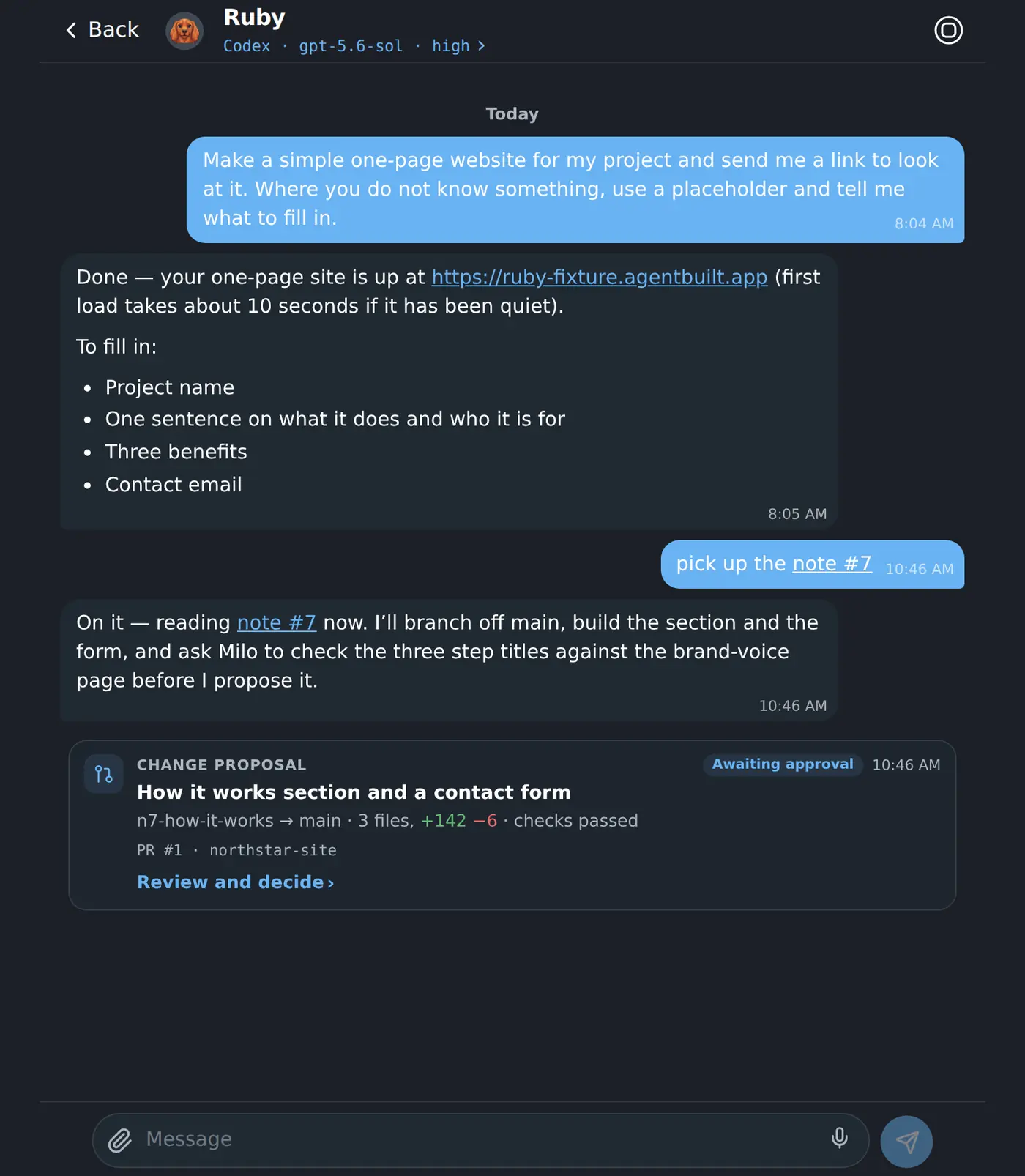 A change proposal arriving as a card in the coworker’s own conversation