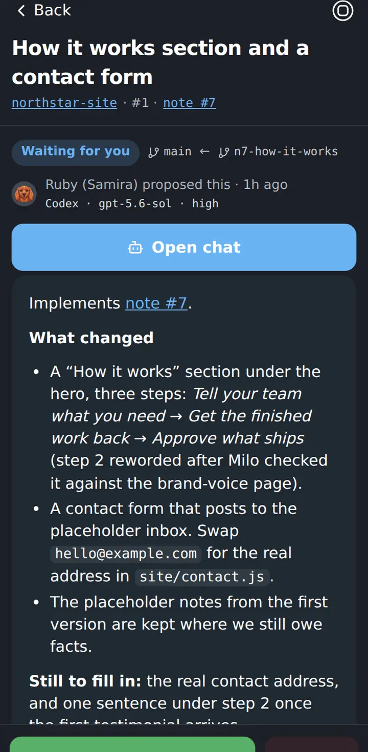 A change proposal waiting for approval, on a phone